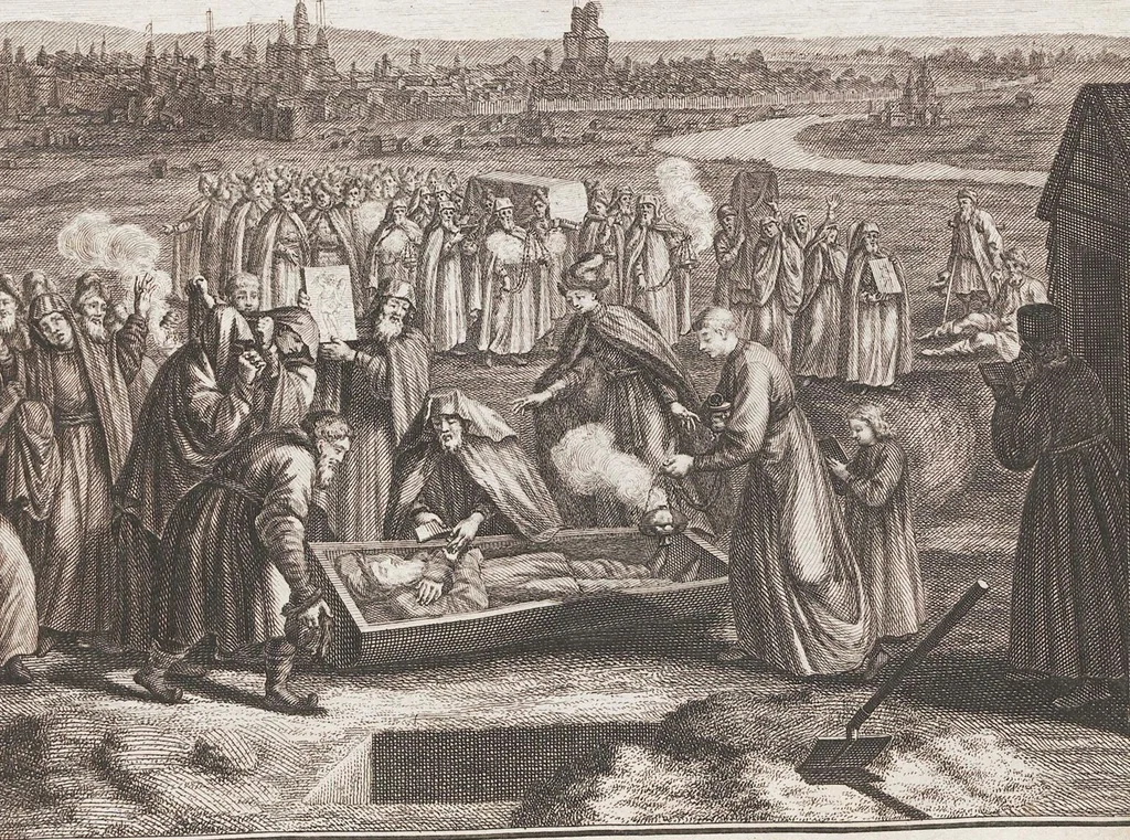 An illustration from Heilige Ceremonien, Gottes und Götzen-Dienste aller Völcker der Welt, Oder Eigentliche Vorstellung und summarischer Begriff, der vornehmsten Gottes-Dienstlichen Pflichten, Kirchen- und Tempel-Gebräuchen, der Christlich- und abgöttischen Völcker der gantzen Welt: Welche Nach des Berühmten Picarts Erfindung in Kupfer gestochen, und verlegt worden, 1748, leaf 83