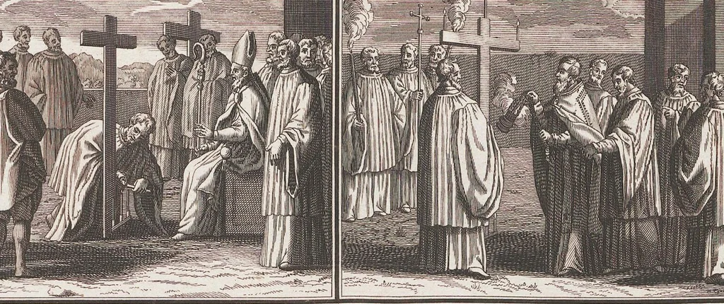 An illustration from Heilige Ceremonien, Gottes und Götzen-Dienste aller Völcker der Welt, Oder Eigentliche Vorstellung und summarischer Begriff, der vornehmsten Gottes-Dienstlichen Pflichten, Kirchen- und Tempel-Gebräuchen, der Christlich- und abgöttischen Völcker der gantzen Welt: Welche Nach des Berühmten Picarts Erfindung in Kupfer gestochen, und verlegt worden, 1748, leaf 96