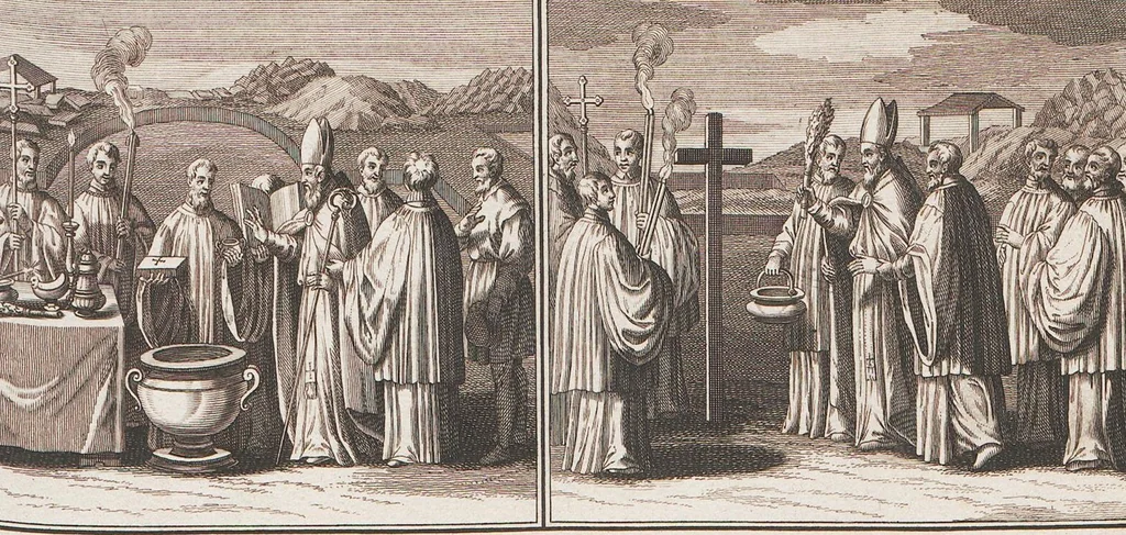 An illustration from Heilige Ceremonien, Gottes und Götzen-Dienste aller Völcker der Welt, Oder Eigentliche Vorstellung und summarischer Begriff, der vornehmsten Gottes-Dienstlichen Pflichten, Kirchen- und Tempel-Gebräuchen, der Christlich- und abgöttischen Völcker der gantzen Welt: Welche Nach des Berühmten Picarts Erfindung in Kupfer gestochen, und verlegt worden, 1748, leaf 99