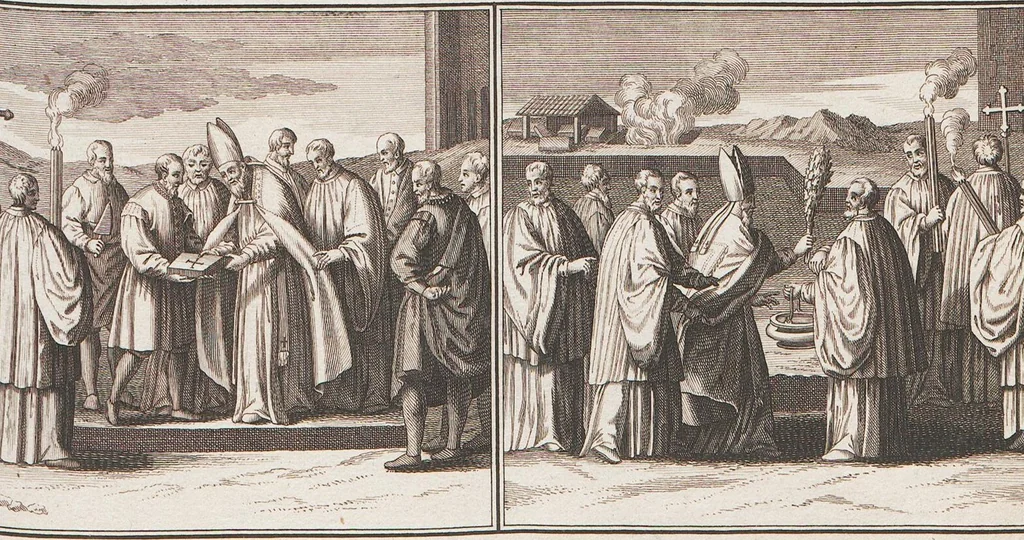 An illustration from Heilige Ceremonien, Gottes und Götzen-Dienste aller Völcker der Welt, Oder Eigentliche Vorstellung und summarischer Begriff, der vornehmsten Gottes-Dienstlichen Pflichten, Kirchen- und Tempel-Gebräuchen, der Christlich- und abgöttischen Völcker der gantzen Welt: Welche Nach des Berühmten Picarts Erfindung in Kupfer gestochen, und verlegt worden, 1748, leaf 99