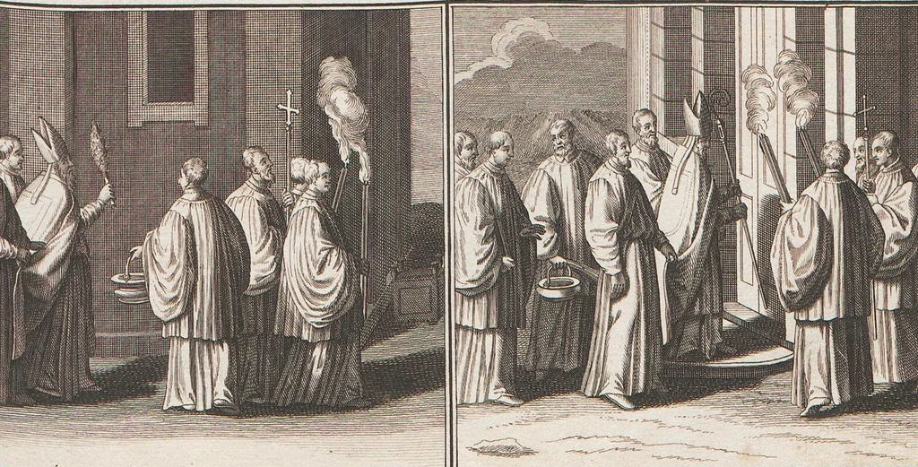An illustration from Heilige Ceremonien, Gottes und Götzen-Dienste aller Völcker der Welt, Oder Eigentliche Vorstellung und summarischer Begriff, der vornehmsten Gottes-Dienstlichen Pflichten, Kirchen- und Tempel-Gebräuchen, der Christlich- und abgöttischen Völcker der gantzen Welt: Welche Nach des Berühmten Picarts Erfindung in Kupfer gestochen, und verlegt worden, 1748, leaf 99