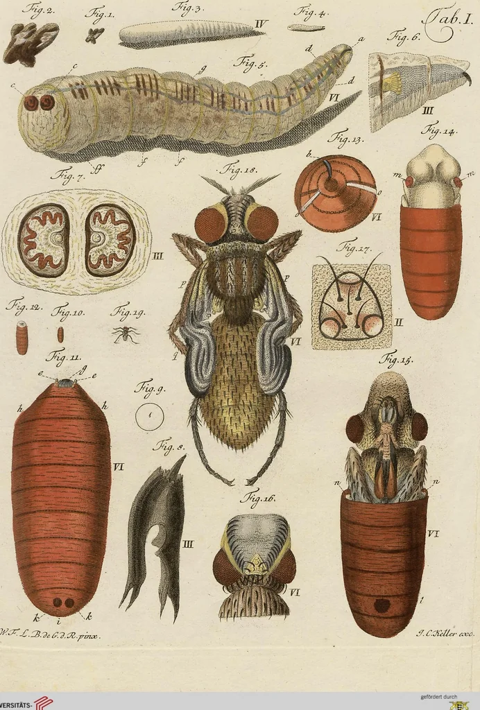 An illustration from Wilhelm Friederichs Freiherrn von Gleichen, genannt Rußworm, Herrn auf Greiffenstein und Bonnland, Großkreuz des Brandenburgischen rothen Adlerordens und Hochfürstlich Brandenburgisch-Culmbachischen Geheimen Raths, Geschichte der gemeinen Stubenfliege: nebst vier mit Farben erleuchteten Kupfertafeln, 1790, leaf 37