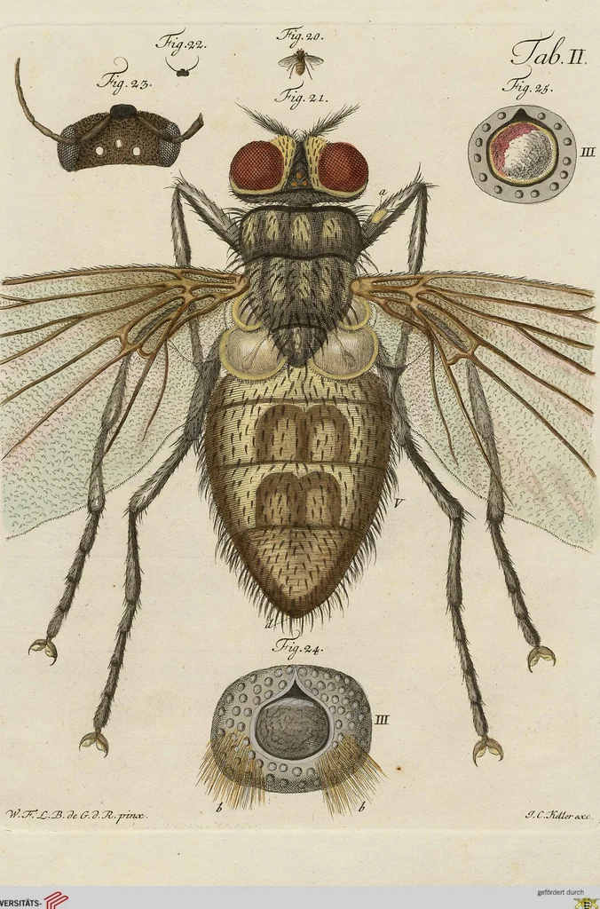 An illustration from Wilhelm Friederichs Freiherrn von Gleichen, genannt Rußworm, Herrn auf Greiffenstein und Bonnland, Großkreuz des Brandenburgischen rothen Adlerordens und Hochfürstlich Brandenburgisch-Culmbachischen Geheimen Raths, Geschichte der gemeinen Stubenfliege: nebst vier mit Farben erleuchteten Kupfertafeln, 1790, leaf 39