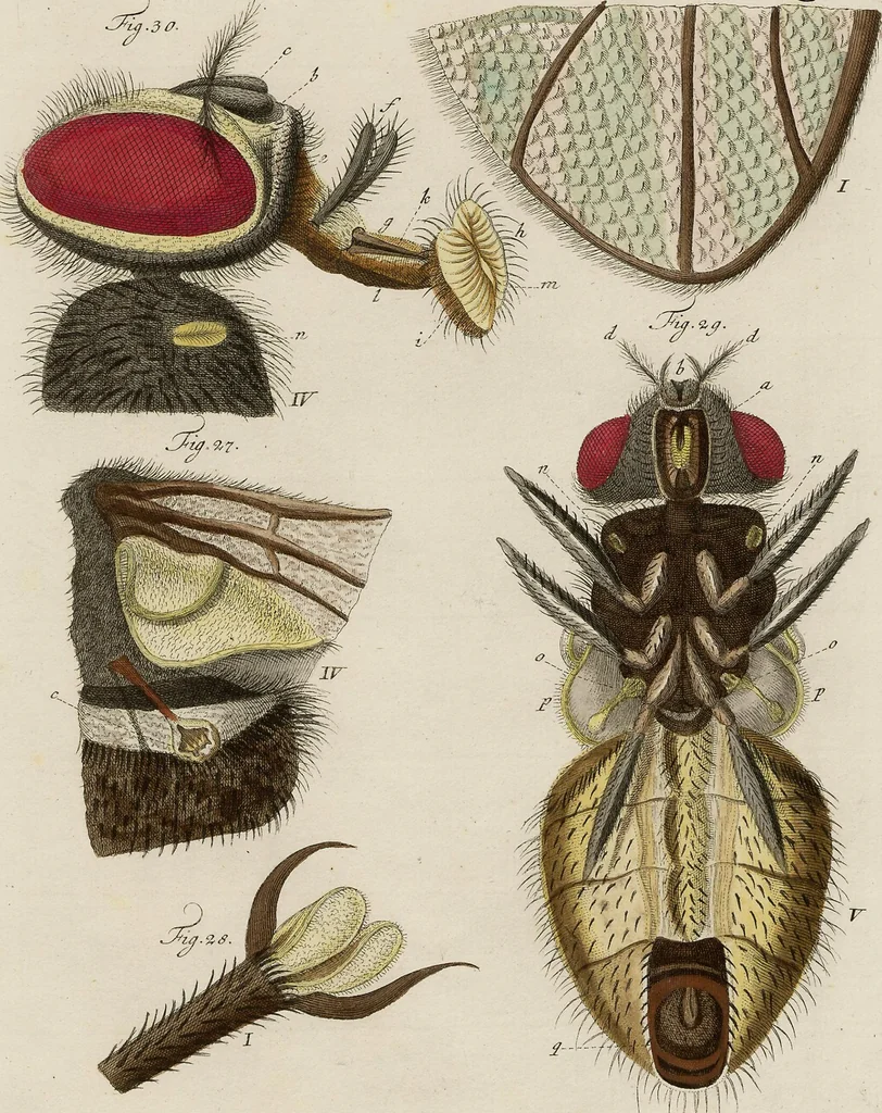 An illustration from Wilhelm Friederichs Freiherrn von Gleichen, genannt Rußworm, Herrn auf Greiffenstein und Bonnland, Großkreuz des Brandenburgischen rothen Adlerordens und Hochfürstlich Brandenburgisch-Culmbachischen Geheimen Raths, Geschichte der gemeinen Stubenfliege: nebst vier mit Farben erleuchteten Kupfertafeln, 1790, leaf 41