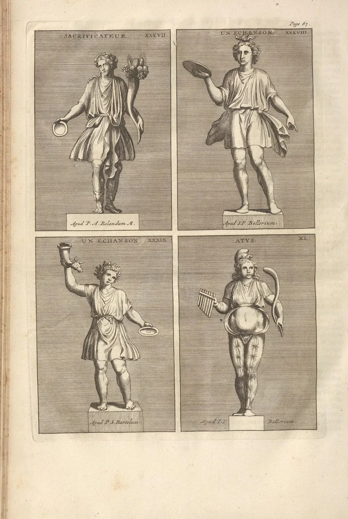 An illustration from Le Grand Cabinet Romain Ou Recueil D'Antiquitez Romaines: Qui consistent en Bas Reliefs, Statues des Dieux & des Hommes, Instruments Sacerdotaux, Lampes, Urnes, Seaux, Brasselets, Clefs, Anneaux, & Phioles lacrimales, Que L'On Trouve A Rome, 1706, leaf 136