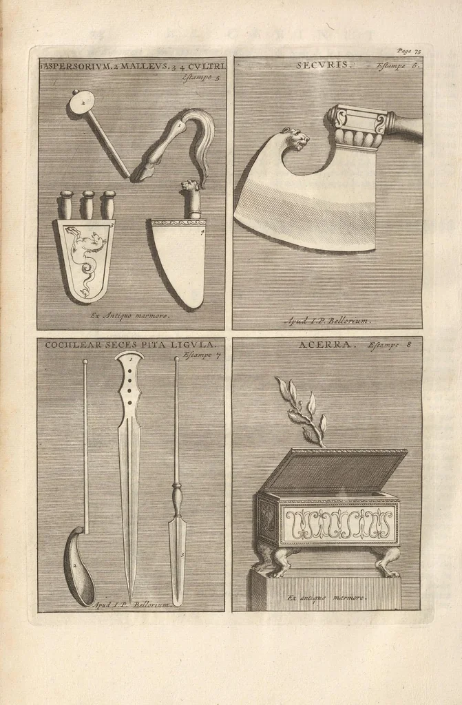 An illustration from Le Grand Cabinet Romain Ou Recueil D'Antiquitez Romaines: Qui consistent en Bas Reliefs, Statues des Dieux & des Hommes, Instruments Sacerdotaux, Lampes, Urnes, Seaux, Brasselets, Clefs, Anneaux, & Phioles lacrimales, Que L'On Trouve A Rome, 1706, leaf 150