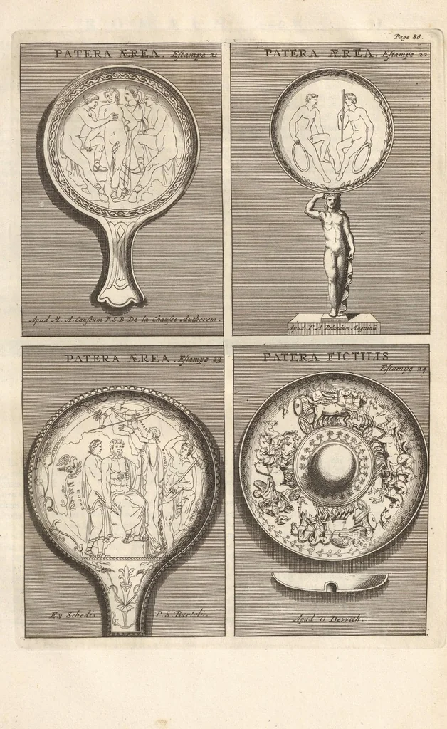 An illustration from Le Grand Cabinet Romain Ou Recueil D'Antiquitez Romaines: Qui consistent en Bas Reliefs, Statues des Dieux & des Hommes, Instruments Sacerdotaux, Lampes, Urnes, Seaux, Brasselets, Clefs, Anneaux, & Phioles lacrimales, Que L'On Trouve A Rome, 1706, leaf 169