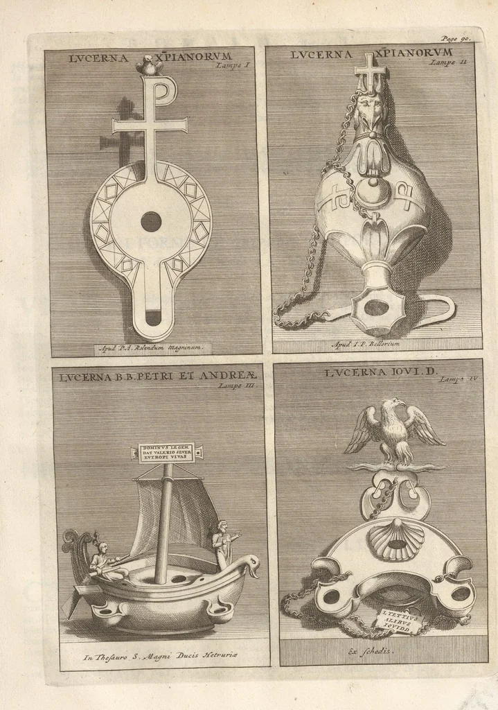 An illustration from Le Grand Cabinet Romain Ou Recueil D'Antiquitez Romaines: Qui consistent en Bas Reliefs, Statues des Dieux & des Hommes, Instruments Sacerdotaux, Lampes, Urnes, Seaux, Brasselets, Clefs, Anneaux, & Phioles lacrimales, Que L'On Trouve A Rome, 1706, leaf 177