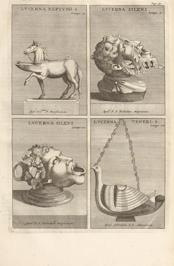 An illustration from Le Grand Cabinet Romain Ou Recueil D'Antiquitez Romaines: Qui consistent en Bas Reliefs, Statues des Dieux & des Hommes, Instruments Sacerdotaux, Lampes, Urnes, Seaux, Brasselets, Clefs, Anneaux, & Phioles lacrimales, Que L'On Trouve A Rome, 1706, leaf 187