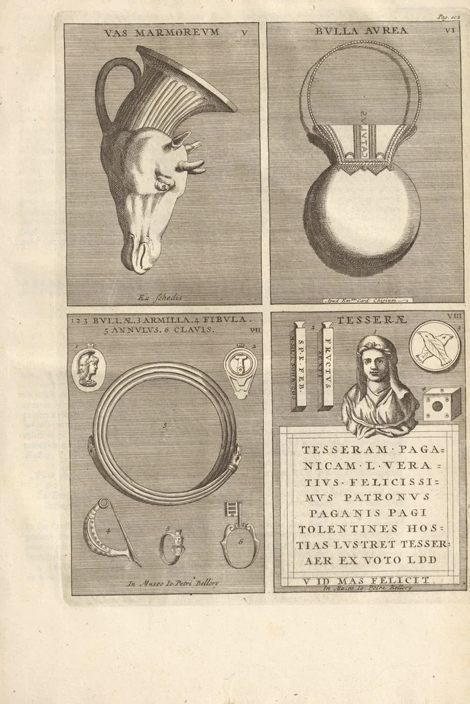 An illustration from Le Grand Cabinet Romain Ou Recueil D'Antiquitez Romaines: Qui consistent en Bas Reliefs, Statues des Dieux & des Hommes, Instruments Sacerdotaux, Lampes, Urnes, Seaux, Brasselets, Clefs, Anneaux, & Phioles lacrimales, Que L'On Trouve A Rome, 1706, leaf 199