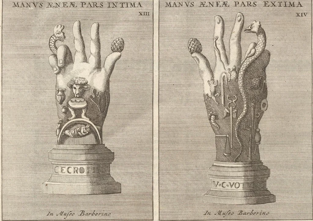 An illustration from Le Grand Cabinet Romain Ou Recueil D'Antiquitez Romaines: Qui consistent en Bas Reliefs, Statues des Dieux & des Hommes, Instruments Sacerdotaux, Lampes, Urnes, Seaux, Brasselets, Clefs, Anneaux, & Phioles lacrimales, Que L'On Trouve A Rome, 1706, leaf 212