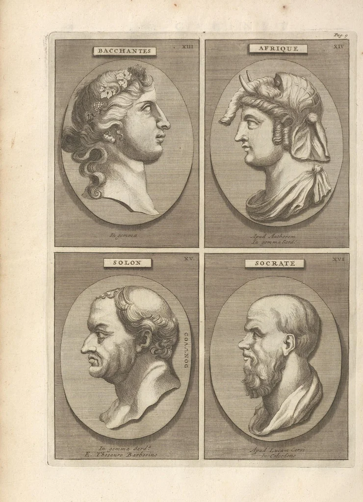 An illustration from Le Grand Cabinet Romain Ou Recueil D'Antiquitez Romaines: Qui consistent en Bas Reliefs, Statues des Dieux & des Hommes, Instruments Sacerdotaux, Lampes, Urnes, Seaux, Brasselets, Clefs, Anneaux, & Phioles lacrimales, Que L'On Trouve A Rome, 1706, leaf 38