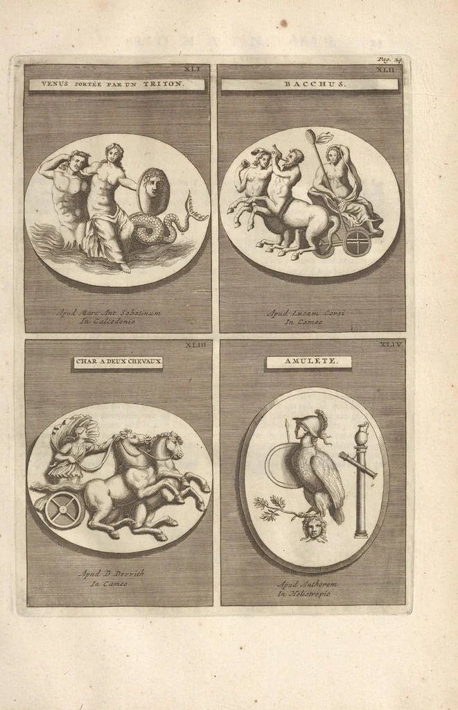 An illustration from Le Grand Cabinet Romain Ou Recueil D'Antiquitez Romaines: Qui consistent en Bas Reliefs, Statues des Dieux & des Hommes, Instruments Sacerdotaux, Lampes, Urnes, Seaux, Brasselets, Clefs, Anneaux, & Phioles lacrimales, Que L'On Trouve A Rome, 1706, leaf 67