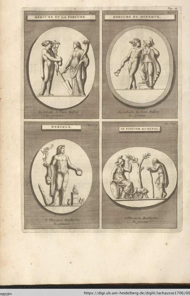 An illustration from Le Grand Cabinet Romain Ou Recueil D'Antiquitez Romaines: Qui consistent en Bas Reliefs, Statues des Dieux & des Hommes, Instruments Sacerdotaux, Lampes, Urnes, Seaux, Brasselets, Clefs, Anneaux, & Phioles lacrimales, Que L'On Trouve A Rome, 1706, leaf 72