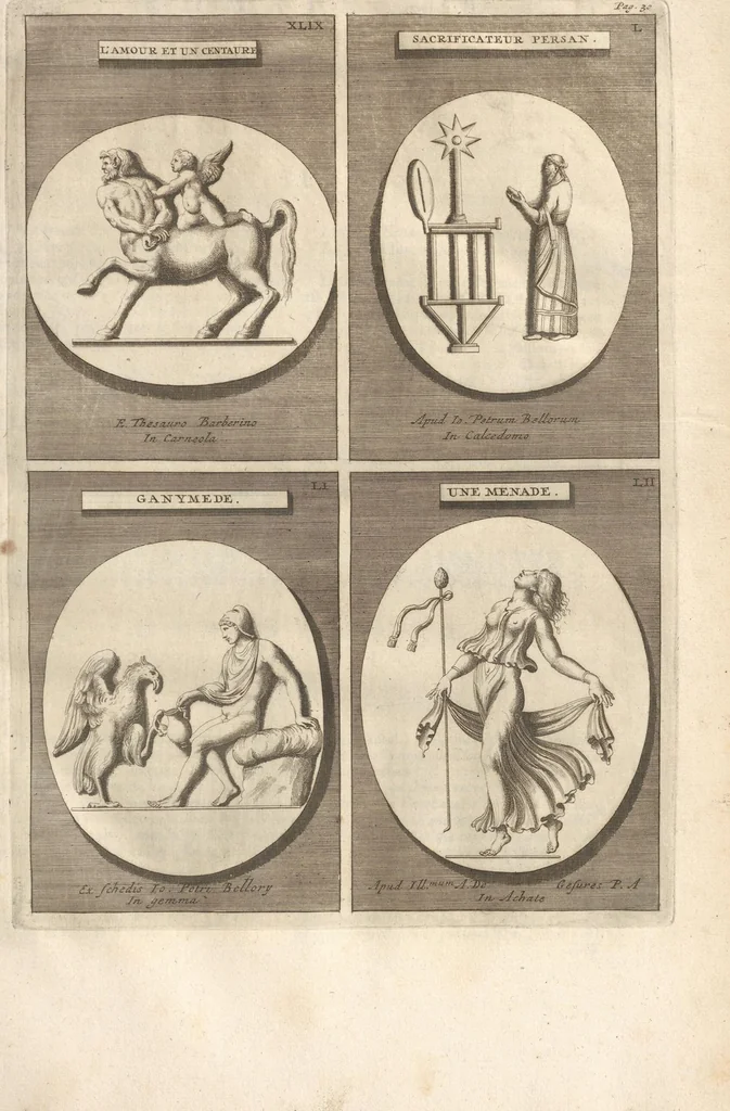 An illustration from Le Grand Cabinet Romain Ou Recueil D'Antiquitez Romaines: Qui consistent en Bas Reliefs, Statues des Dieux & des Hommes, Instruments Sacerdotaux, Lampes, Urnes, Seaux, Brasselets, Clefs, Anneaux, & Phioles lacrimales, Que L'On Trouve A Rome, 1706, leaf 77