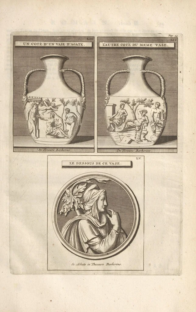 An illustration from Le Grand Cabinet Romain Ou Recueil D'Antiquitez Romaines: Qui consistent en Bas Reliefs, Statues des Dieux & des Hommes, Instruments Sacerdotaux, Lampes, Urnes, Seaux, Brasselets, Clefs, Anneaux, & Phioles lacrimales, Que L'On Trouve A Rome, 1706, leaf 83