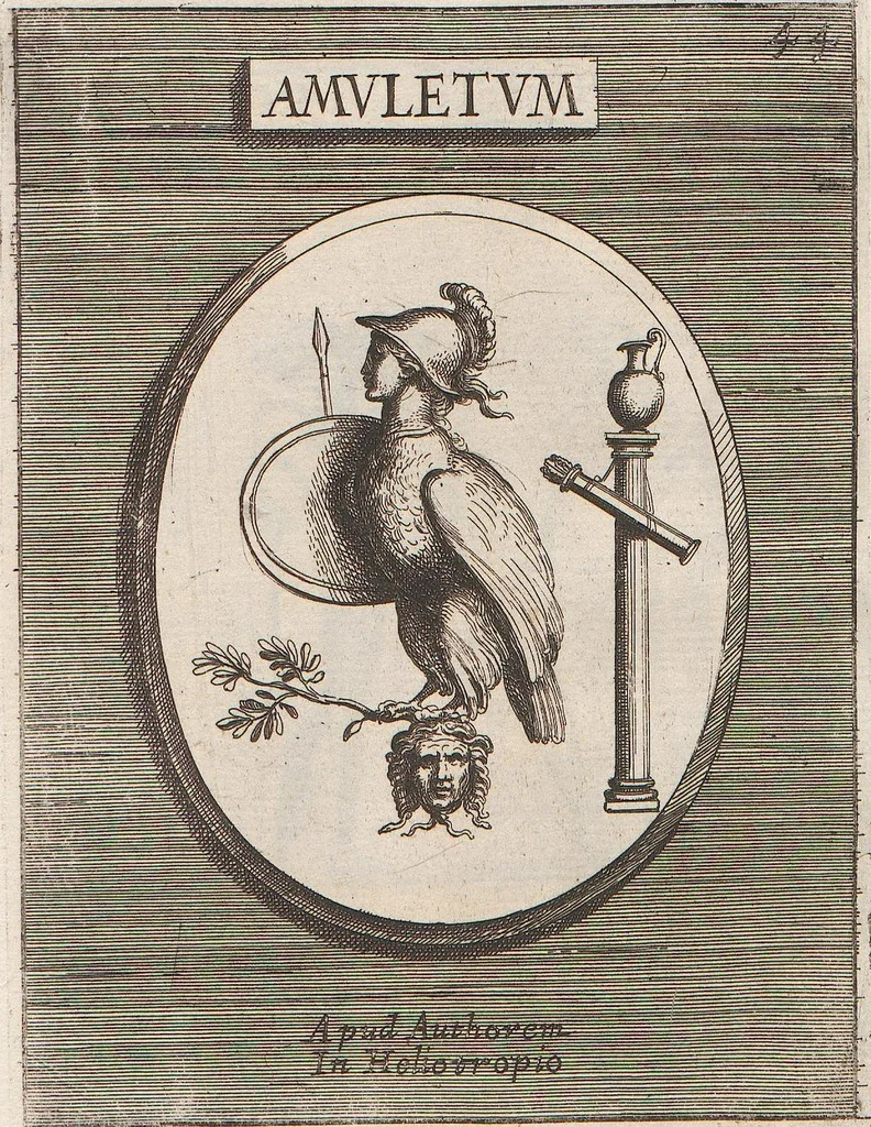 An illustration from Michaelis Angeli Causei De La Chausse Parisini Romanum Museum Sive Thesaurus Eruditae Antiquitatis: In Quo Gemmae, Idola, Insignia Sacerdotalia, Instrumenta sacrificijs, inservientia, Lucernae, Vasa, Bullae, Armillae, Fibulae, Claves, Annulli, Tesserae, Styli, Strigiles, Gutti, Phialae lacrymatoriae, vota, Signa Militaria, Marmora &c., 1707, leaf 100