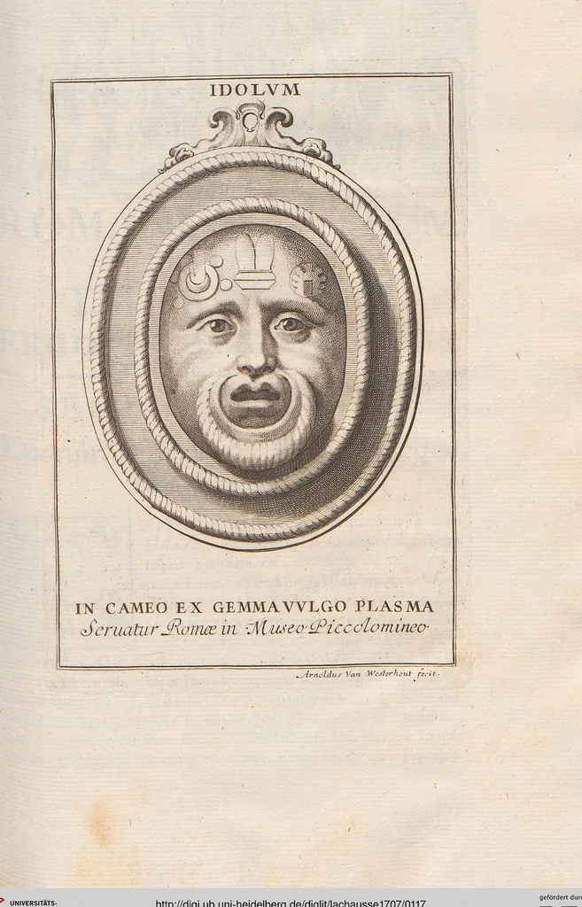 An illustration from Michaelis Angeli Causei De La Chausse Parisini Romanum Museum Sive Thesaurus Eruditae Antiquitatis: In Quo Gemmae, Idola, Insignia Sacerdotalia, Instrumenta sacrificijs, inservientia, Lucernae, Vasa, Bullae, Armillae, Fibulae, Claves, Annulli, Tesserae, Styli, Strigiles, Gutti, Phialae lacrymatoriae, vota, Signa Militaria, Marmora &c., 1707, leaf 117