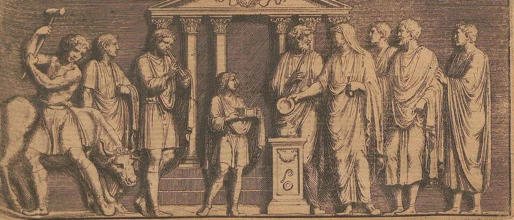 An illustration from Michaelis Angeli Causei De La Chausse Parisini Romanum Museum Sive Thesaurus Eruditae Antiquitatis: In Quo Gemmae, Idola, Insignia Sacerdotalia, Instrumenta sacrificijs, inservientia, Lucernae, Vasa, Bullae, Armillae, Fibulae, Claves, Annulli, Tesserae, Styli, Strigiles, Gutti, Phialae lacrymatoriae, vota, Signa Militaria, Marmora &c., 1707, leaf 206