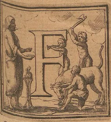 An illustration from Michaelis Angeli Causei De La Chausse Parisini Romanum Museum Sive Thesaurus Eruditae Antiquitatis: In Quo Gemmae, Idola, Insignia Sacerdotalia, Instrumenta sacrificijs, inservientia, Lucernae, Vasa, Bullae, Armillae, Fibulae, Claves, Annulli, Tesserae, Styli, Strigiles, Gutti, Phialae lacrymatoriae, vota, Signa Militaria, Marmora &c., 1707, leaf 206