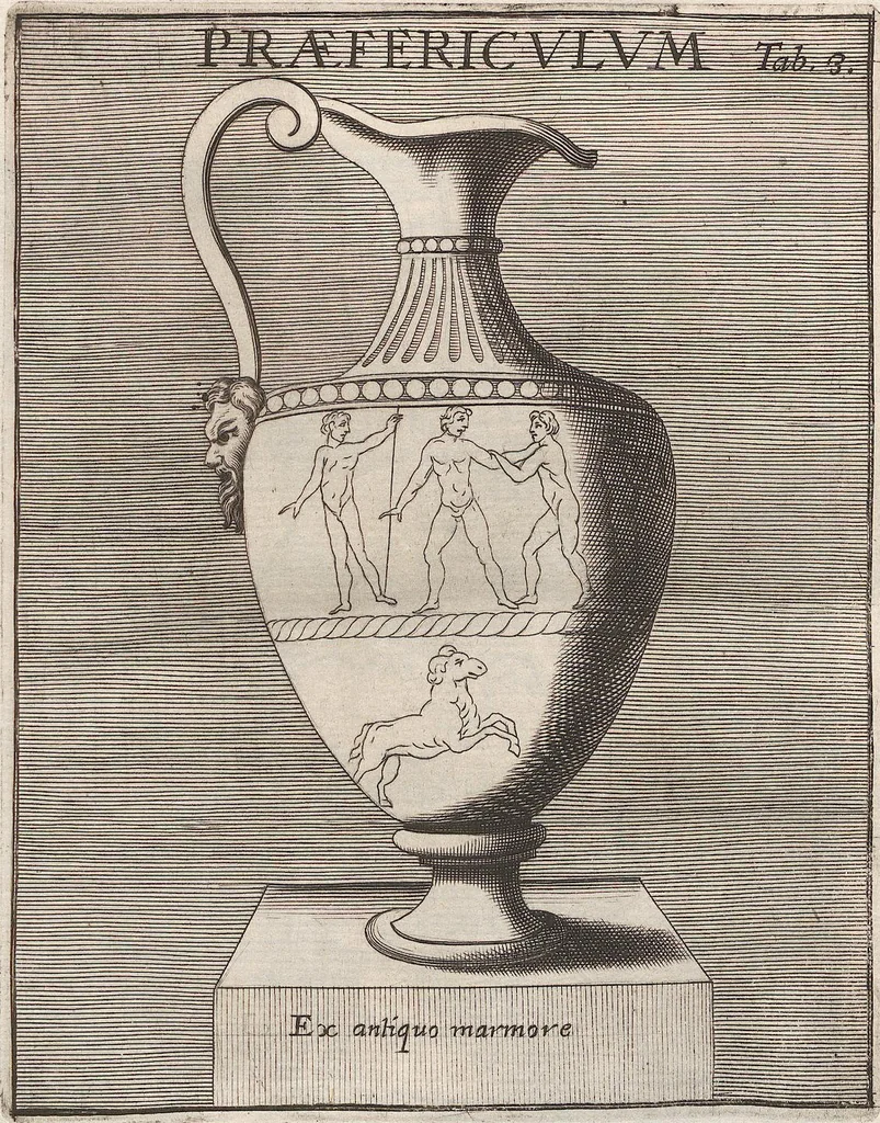An illustration from Michaelis Angeli Causei De La Chausse Parisini Romanum Museum Sive Thesaurus Eruditae Antiquitatis: In Quo Gemmae, Idola, Insignia Sacerdotalia, Instrumenta sacrificijs, inservientia, Lucernae, Vasa, Bullae, Armillae, Fibulae, Claves, Annulli, Tesserae, Styli, Strigiles, Gutti, Phialae lacrymatoriae, vota, Signa Militaria, Marmora &c., 1707, leaf 224