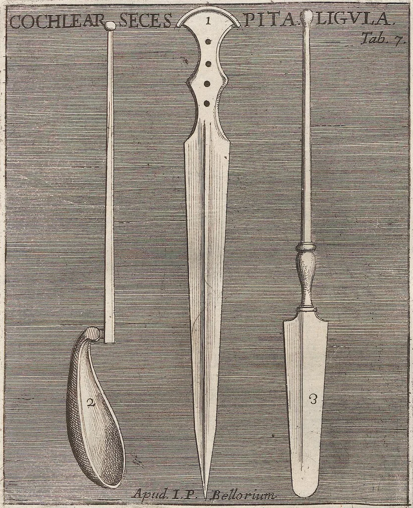 An illustration from Michaelis Angeli Causei De La Chausse Parisini Romanum Museum Sive Thesaurus Eruditae Antiquitatis: In Quo Gemmae, Idola, Insignia Sacerdotalia, Instrumenta sacrificijs, inservientia, Lucernae, Vasa, Bullae, Armillae, Fibulae, Claves, Annulli, Tesserae, Styli, Strigiles, Gutti, Phialae lacrymatoriae, vota, Signa Militaria, Marmora &c., 1707, leaf 228