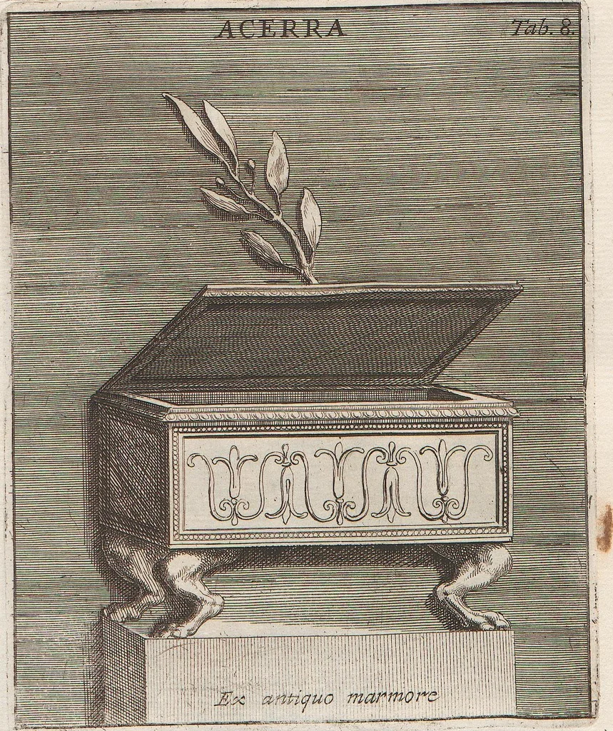 An illustration from Michaelis Angeli Causei De La Chausse Parisini Romanum Museum Sive Thesaurus Eruditae Antiquitatis: In Quo Gemmae, Idola, Insignia Sacerdotalia, Instrumenta sacrificijs, inservientia, Lucernae, Vasa, Bullae, Armillae, Fibulae, Claves, Annulli, Tesserae, Styli, Strigiles, Gutti, Phialae lacrymatoriae, vota, Signa Militaria, Marmora &c., 1707, leaf 229
