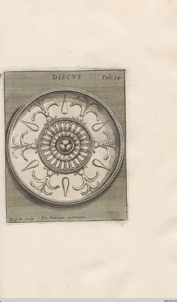 An illustration from Michaelis Angeli Causei De La Chausse Parisini Romanum Museum Sive Thesaurus Eruditae Antiquitatis: In Quo Gemmae, Idola, Insignia Sacerdotalia, Instrumenta sacrificijs, inservientia, Lucernae, Vasa, Bullae, Armillae, Fibulae, Claves, Annulli, Tesserae, Styli, Strigiles, Gutti, Phialae lacrymatoriae, vota, Signa Militaria, Marmora &c., 1707, leaf 235
