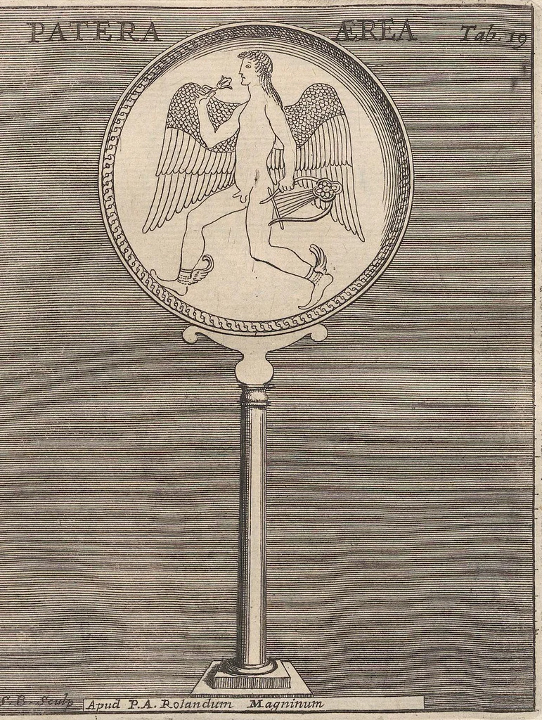 An illustration from Michaelis Angeli Causei De La Chausse Parisini Romanum Museum Sive Thesaurus Eruditae Antiquitatis: In Quo Gemmae, Idola, Insignia Sacerdotalia, Instrumenta sacrificijs, inservientia, Lucernae, Vasa, Bullae, Armillae, Fibulae, Claves, Annulli, Tesserae, Styli, Strigiles, Gutti, Phialae lacrymatoriae, vota, Signa Militaria, Marmora &c., 1707, leaf 240