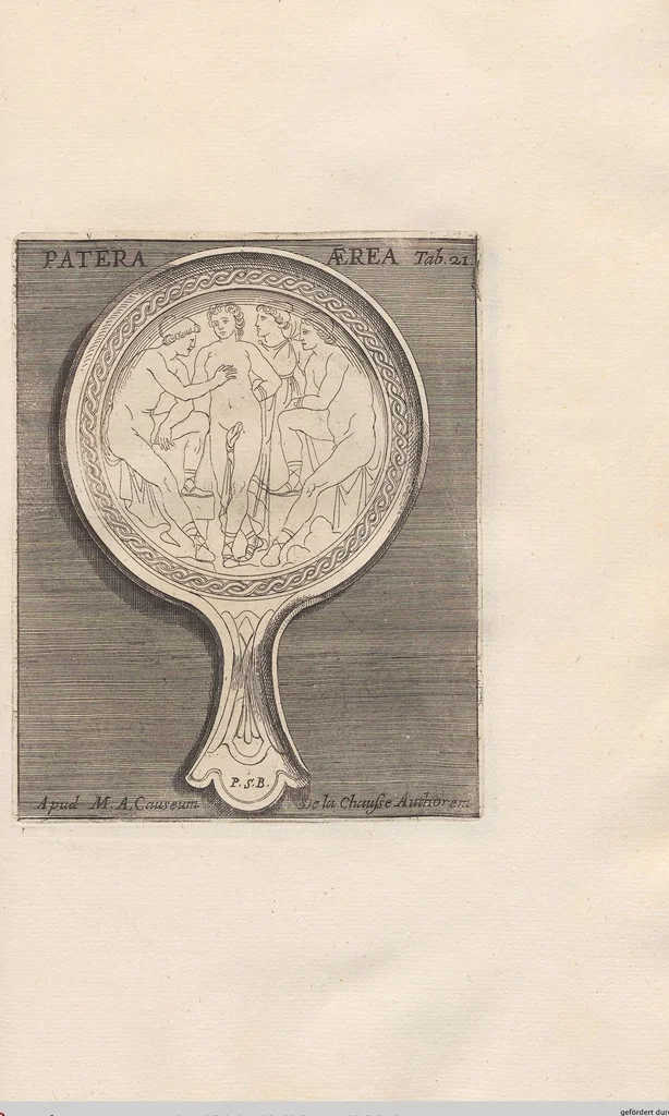 An illustration from Michaelis Angeli Causei De La Chausse Parisini Romanum Museum Sive Thesaurus Eruditae Antiquitatis: In Quo Gemmae, Idola, Insignia Sacerdotalia, Instrumenta sacrificijs, inservientia, Lucernae, Vasa, Bullae, Armillae, Fibulae, Claves, Annulli, Tesserae, Styli, Strigiles, Gutti, Phialae lacrymatoriae, vota, Signa Militaria, Marmora &c., 1707, leaf 242