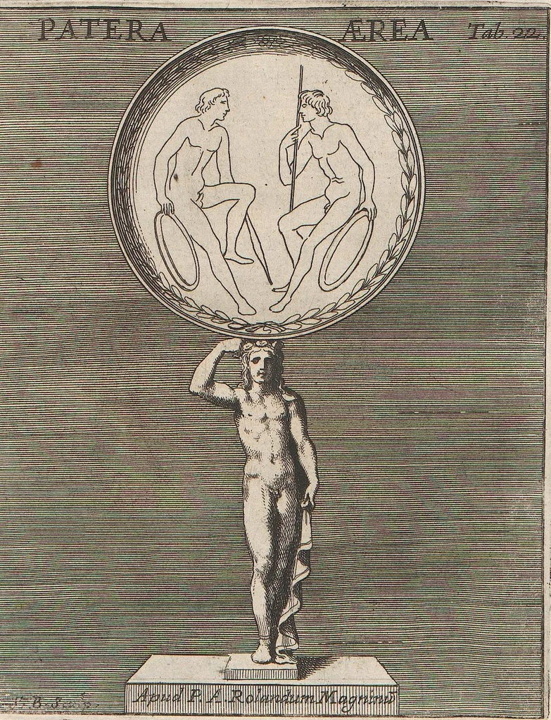 An illustration from Michaelis Angeli Causei De La Chausse Parisini Romanum Museum Sive Thesaurus Eruditae Antiquitatis: In Quo Gemmae, Idola, Insignia Sacerdotalia, Instrumenta sacrificijs, inservientia, Lucernae, Vasa, Bullae, Armillae, Fibulae, Claves, Annulli, Tesserae, Styli, Strigiles, Gutti, Phialae lacrymatoriae, vota, Signa Militaria, Marmora &c., 1707, leaf 243