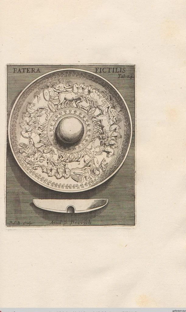 An illustration from Michaelis Angeli Causei De La Chausse Parisini Romanum Museum Sive Thesaurus Eruditae Antiquitatis: In Quo Gemmae, Idola, Insignia Sacerdotalia, Instrumenta sacrificijs, inservientia, Lucernae, Vasa, Bullae, Armillae, Fibulae, Claves, Annulli, Tesserae, Styli, Strigiles, Gutti, Phialae lacrymatoriae, vota, Signa Militaria, Marmora &c., 1707, leaf 245