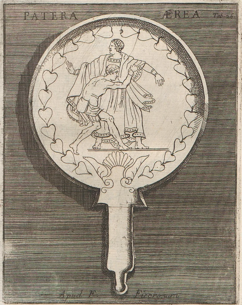 An illustration from Michaelis Angeli Causei De La Chausse Parisini Romanum Museum Sive Thesaurus Eruditae Antiquitatis: In Quo Gemmae, Idola, Insignia Sacerdotalia, Instrumenta sacrificijs, inservientia, Lucernae, Vasa, Bullae, Armillae, Fibulae, Claves, Annulli, Tesserae, Styli, Strigiles, Gutti, Phialae lacrymatoriae, vota, Signa Militaria, Marmora &c., 1707, leaf 247