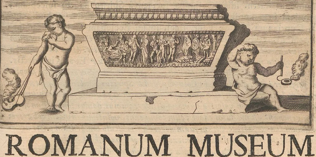 An illustration from Michaelis Angeli Causei De La Chausse Parisini Romanum Museum Sive Thesaurus Eruditae Antiquitatis: In Quo Gemmae, Idola, Insignia Sacerdotalia, Instrumenta sacrificijs, inservientia, Lucernae, Vasa, Bullae, Armillae, Fibulae, Claves, Annulli, Tesserae, Styli, Strigiles, Gutti, Phialae lacrymatoriae, vota, Signa Militaria, Marmora &c., 1707, leaf 250