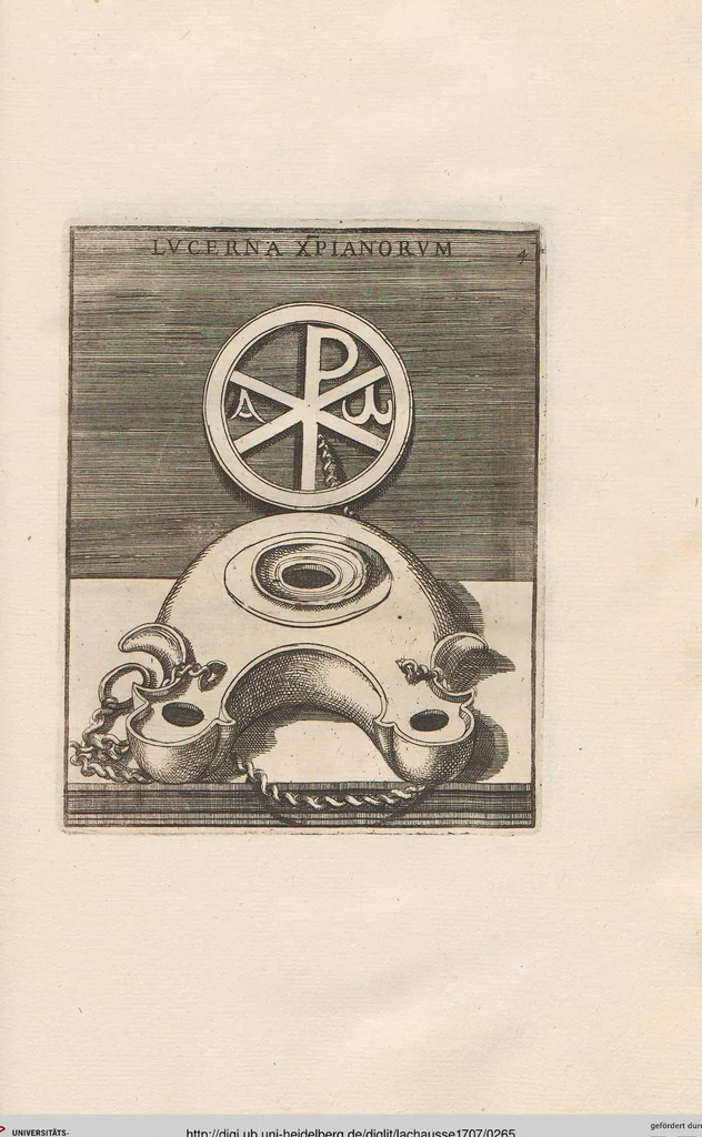 An illustration from Michaelis Angeli Causei De La Chausse Parisini Romanum Museum Sive Thesaurus Eruditae Antiquitatis: In Quo Gemmae, Idola, Insignia Sacerdotalia, Instrumenta sacrificijs, inservientia, Lucernae, Vasa, Bullae, Armillae, Fibulae, Claves, Annulli, Tesserae, Styli, Strigiles, Gutti, Phialae lacrymatoriae, vota, Signa Militaria, Marmora &c., 1707, leaf 265