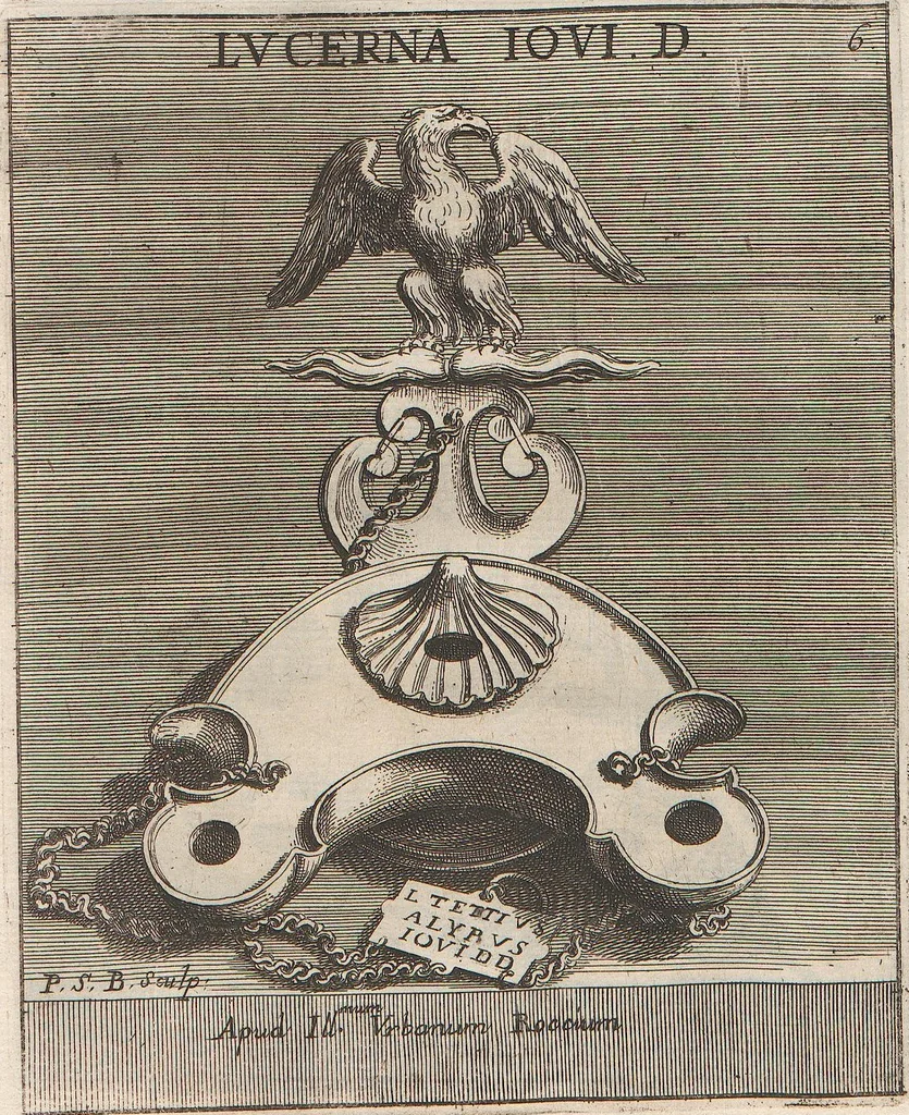 An illustration from Michaelis Angeli Causei De La Chausse Parisini Romanum Museum Sive Thesaurus Eruditae Antiquitatis: In Quo Gemmae, Idola, Insignia Sacerdotalia, Instrumenta sacrificijs, inservientia, Lucernae, Vasa, Bullae, Armillae, Fibulae, Claves, Annulli, Tesserae, Styli, Strigiles, Gutti, Phialae lacrymatoriae, vota, Signa Militaria, Marmora &c., 1707, leaf 267
