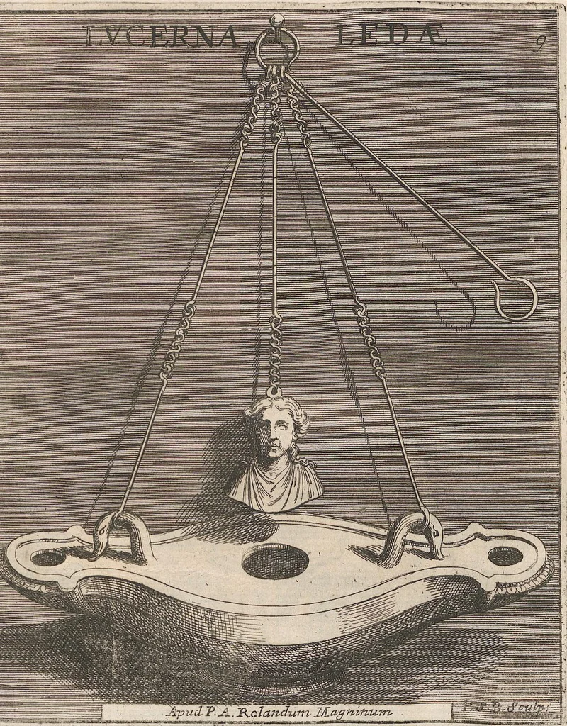 An illustration from Michaelis Angeli Causei De La Chausse Parisini Romanum Museum Sive Thesaurus Eruditae Antiquitatis: In Quo Gemmae, Idola, Insignia Sacerdotalia, Instrumenta sacrificijs, inservientia, Lucernae, Vasa, Bullae, Armillae, Fibulae, Claves, Annulli, Tesserae, Styli, Strigiles, Gutti, Phialae lacrymatoriae, vota, Signa Militaria, Marmora &c., 1707, leaf 270