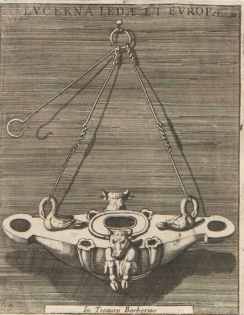 An illustration from Michaelis Angeli Causei De La Chausse Parisini Romanum Museum Sive Thesaurus Eruditae Antiquitatis: In Quo Gemmae, Idola, Insignia Sacerdotalia, Instrumenta sacrificijs, inservientia, Lucernae, Vasa, Bullae, Armillae, Fibulae, Claves, Annulli, Tesserae, Styli, Strigiles, Gutti, Phialae lacrymatoriae, vota, Signa Militaria, Marmora &c., 1707, leaf 271