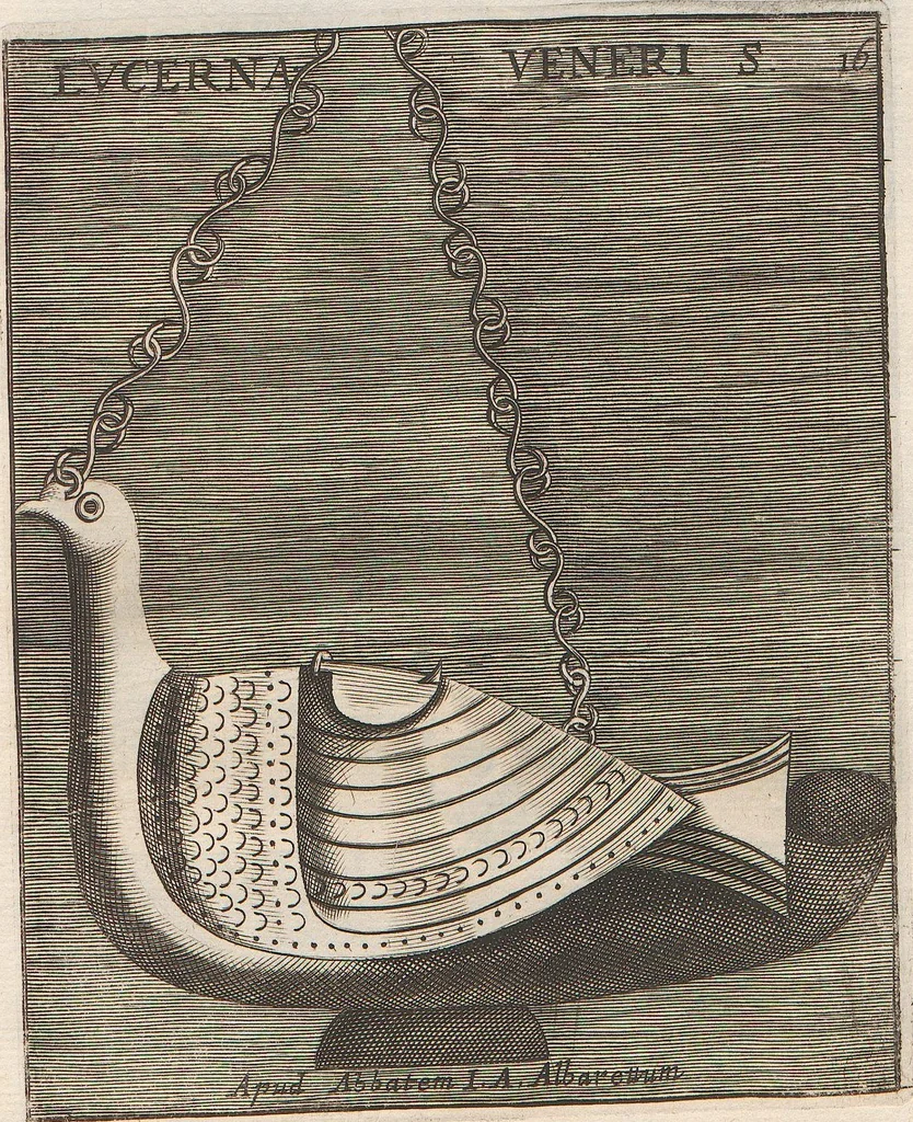 An illustration from Michaelis Angeli Causei De La Chausse Parisini Romanum Museum Sive Thesaurus Eruditae Antiquitatis: In Quo Gemmae, Idola, Insignia Sacerdotalia, Instrumenta sacrificijs, inservientia, Lucernae, Vasa, Bullae, Armillae, Fibulae, Claves, Annulli, Tesserae, Styli, Strigiles, Gutti, Phialae lacrymatoriae, vota, Signa Militaria, Marmora &c., 1707, leaf 277