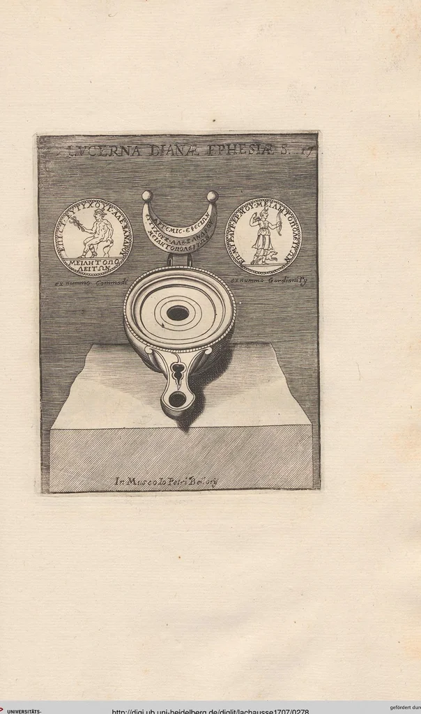 An illustration from Michaelis Angeli Causei De La Chausse Parisini Romanum Museum Sive Thesaurus Eruditae Antiquitatis: In Quo Gemmae, Idola, Insignia Sacerdotalia, Instrumenta sacrificijs, inservientia, Lucernae, Vasa, Bullae, Armillae, Fibulae, Claves, Annulli, Tesserae, Styli, Strigiles, Gutti, Phialae lacrymatoriae, vota, Signa Militaria, Marmora &c., 1707, leaf 278