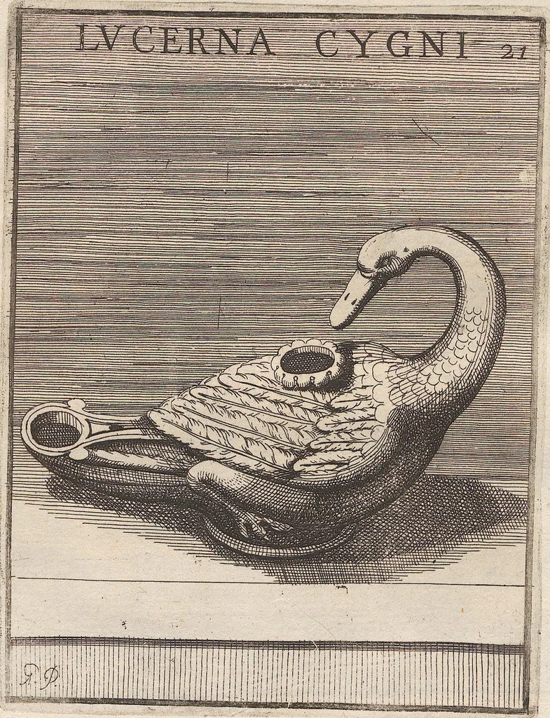An illustration from Michaelis Angeli Causei De La Chausse Parisini Romanum Museum Sive Thesaurus Eruditae Antiquitatis: In Quo Gemmae, Idola, Insignia Sacerdotalia, Instrumenta sacrificijs, inservientia, Lucernae, Vasa, Bullae, Armillae, Fibulae, Claves, Annulli, Tesserae, Styli, Strigiles, Gutti, Phialae lacrymatoriae, vota, Signa Militaria, Marmora &c., 1707, leaf 282
