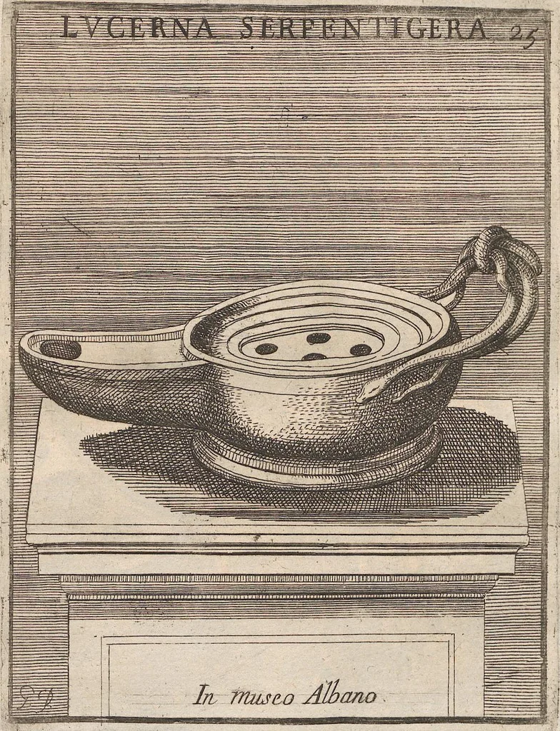 An illustration from Michaelis Angeli Causei De La Chausse Parisini Romanum Museum Sive Thesaurus Eruditae Antiquitatis: In Quo Gemmae, Idola, Insignia Sacerdotalia, Instrumenta sacrificijs, inservientia, Lucernae, Vasa, Bullae, Armillae, Fibulae, Claves, Annulli, Tesserae, Styli, Strigiles, Gutti, Phialae lacrymatoriae, vota, Signa Militaria, Marmora &c., 1707, leaf 286