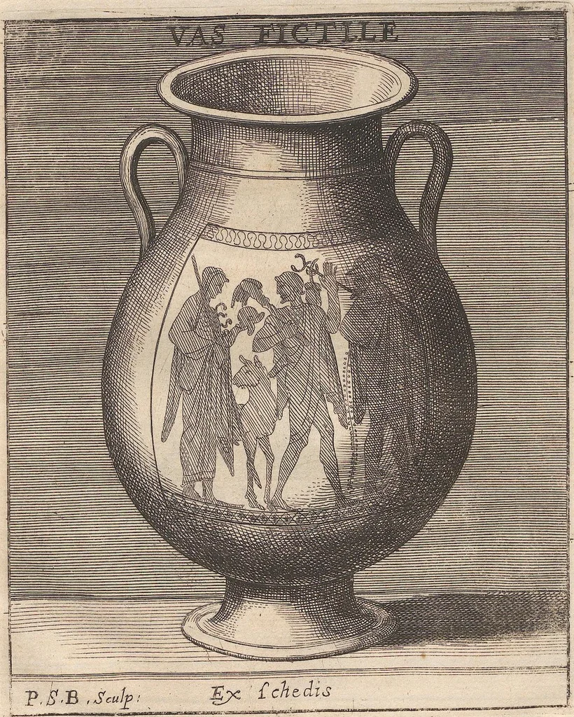 An illustration from Michaelis Angeli Causei De La Chausse Parisini Romanum Museum Sive Thesaurus Eruditae Antiquitatis: In Quo Gemmae, Idola, Insignia Sacerdotalia, Instrumenta sacrificijs, inservientia, Lucernae, Vasa, Bullae, Armillae, Fibulae, Claves, Annulli, Tesserae, Styli, Strigiles, Gutti, Phialae lacrymatoriae, vota, Signa Militaria, Marmora &c., 1707, leaf 308