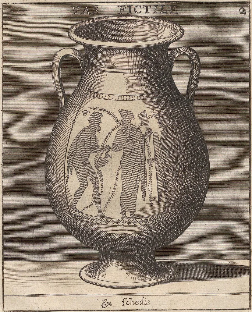 An illustration from Michaelis Angeli Causei De La Chausse Parisini Romanum Museum Sive Thesaurus Eruditae Antiquitatis: In Quo Gemmae, Idola, Insignia Sacerdotalia, Instrumenta sacrificijs, inservientia, Lucernae, Vasa, Bullae, Armillae, Fibulae, Claves, Annulli, Tesserae, Styli, Strigiles, Gutti, Phialae lacrymatoriae, vota, Signa Militaria, Marmora &c., 1707, leaf 309