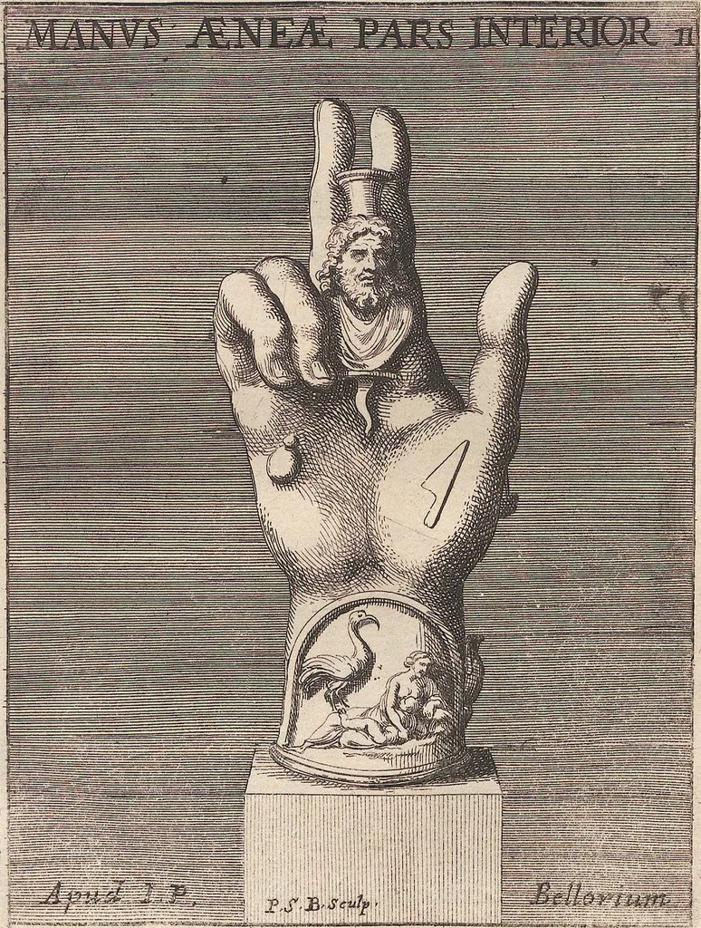 An illustration from Michaelis Angeli Causei De La Chausse Parisini Romanum Museum Sive Thesaurus Eruditae Antiquitatis: In Quo Gemmae, Idola, Insignia Sacerdotalia, Instrumenta sacrificijs, inservientia, Lucernae, Vasa, Bullae, Armillae, Fibulae, Claves, Annulli, Tesserae, Styli, Strigiles, Gutti, Phialae lacrymatoriae, vota, Signa Militaria, Marmora &c., 1707, leaf 318