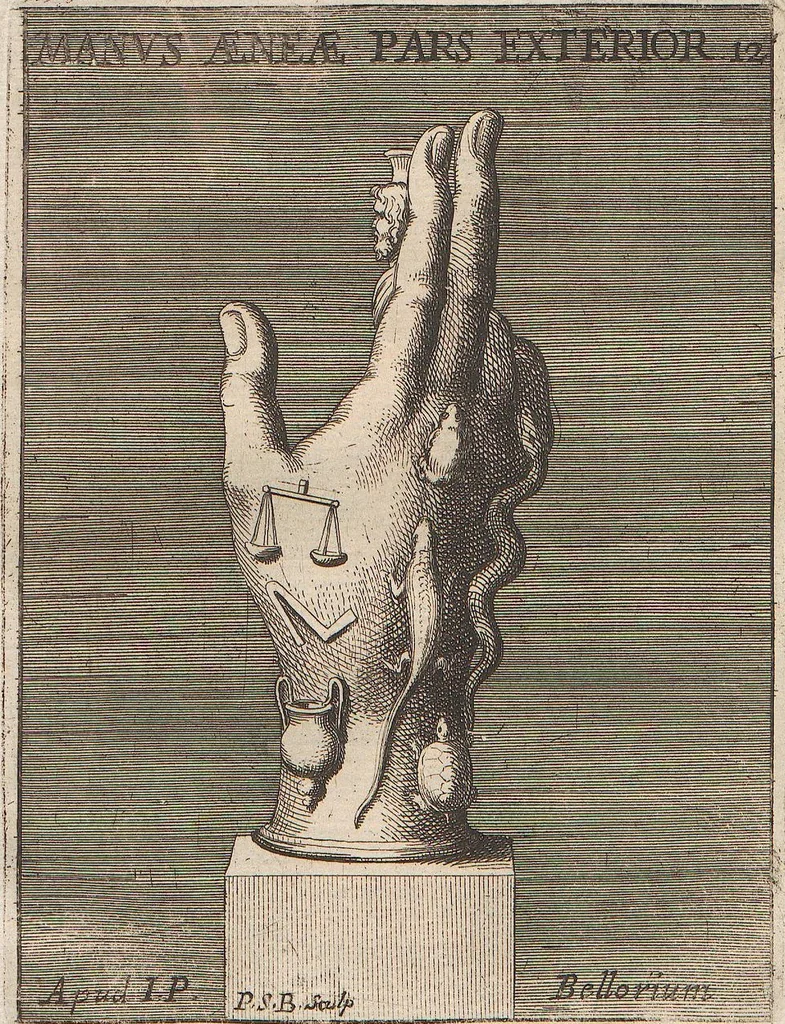 An illustration from Michaelis Angeli Causei De La Chausse Parisini Romanum Museum Sive Thesaurus Eruditae Antiquitatis: In Quo Gemmae, Idola, Insignia Sacerdotalia, Instrumenta sacrificijs, inservientia, Lucernae, Vasa, Bullae, Armillae, Fibulae, Claves, Annulli, Tesserae, Styli, Strigiles, Gutti, Phialae lacrymatoriae, vota, Signa Militaria, Marmora &c., 1707, leaf 319