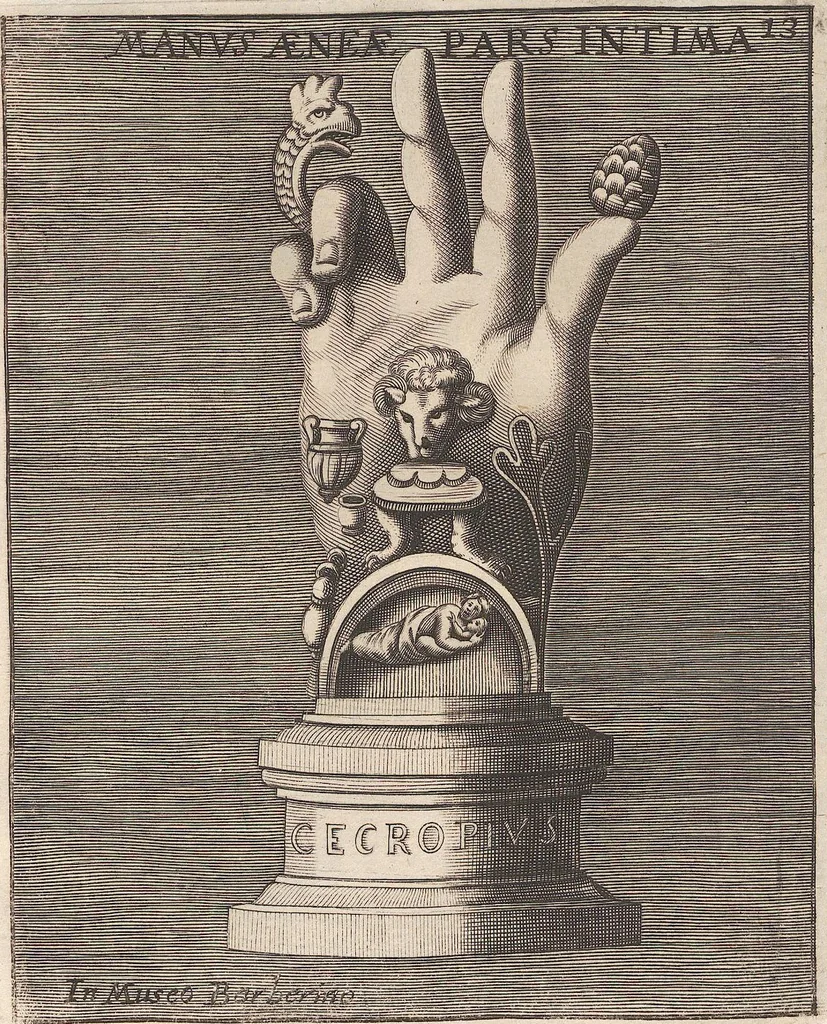 An illustration from Michaelis Angeli Causei De La Chausse Parisini Romanum Museum Sive Thesaurus Eruditae Antiquitatis: In Quo Gemmae, Idola, Insignia Sacerdotalia, Instrumenta sacrificijs, inservientia, Lucernae, Vasa, Bullae, Armillae, Fibulae, Claves, Annulli, Tesserae, Styli, Strigiles, Gutti, Phialae lacrymatoriae, vota, Signa Militaria, Marmora &c., 1707, leaf 320