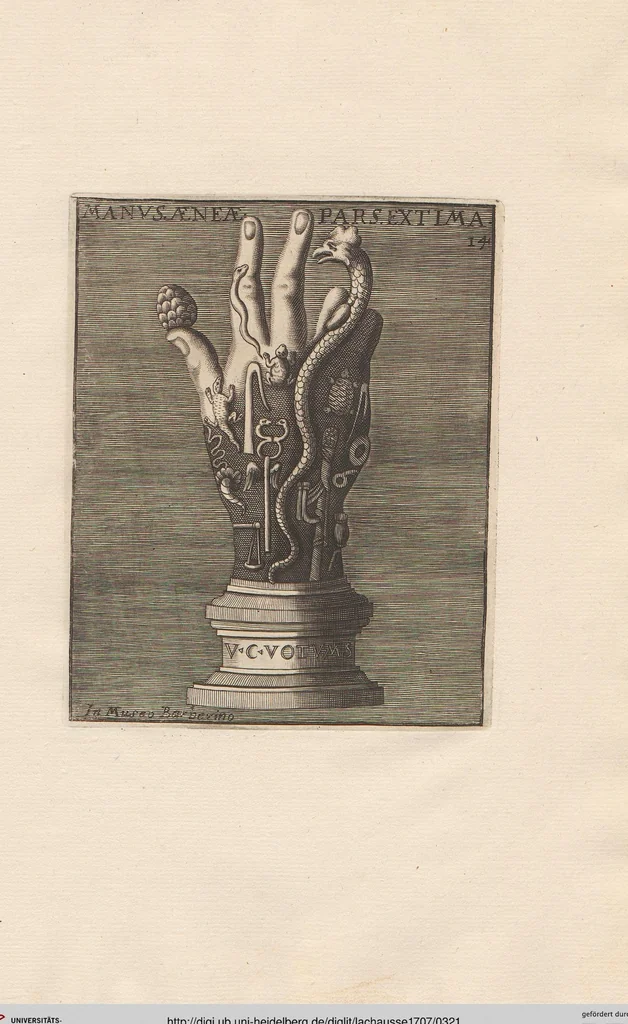 An illustration from Michaelis Angeli Causei De La Chausse Parisini Romanum Museum Sive Thesaurus Eruditae Antiquitatis: In Quo Gemmae, Idola, Insignia Sacerdotalia, Instrumenta sacrificijs, inservientia, Lucernae, Vasa, Bullae, Armillae, Fibulae, Claves, Annulli, Tesserae, Styli, Strigiles, Gutti, Phialae lacrymatoriae, vota, Signa Militaria, Marmora &c., 1707, leaf 321