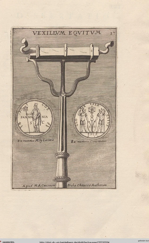 An illustration from Michaelis Angeli Causei De La Chausse Parisini Romanum Museum Sive Thesaurus Eruditae Antiquitatis: In Quo Gemmae, Idola, Insignia Sacerdotalia, Instrumenta sacrificijs, inservientia, Lucernae, Vasa, Bullae, Armillae, Fibulae, Claves, Annulli, Tesserae, Styli, Strigiles, Gutti, Phialae lacrymatoriae, vota, Signa Militaria, Marmora &c., 1707, leaf 324
