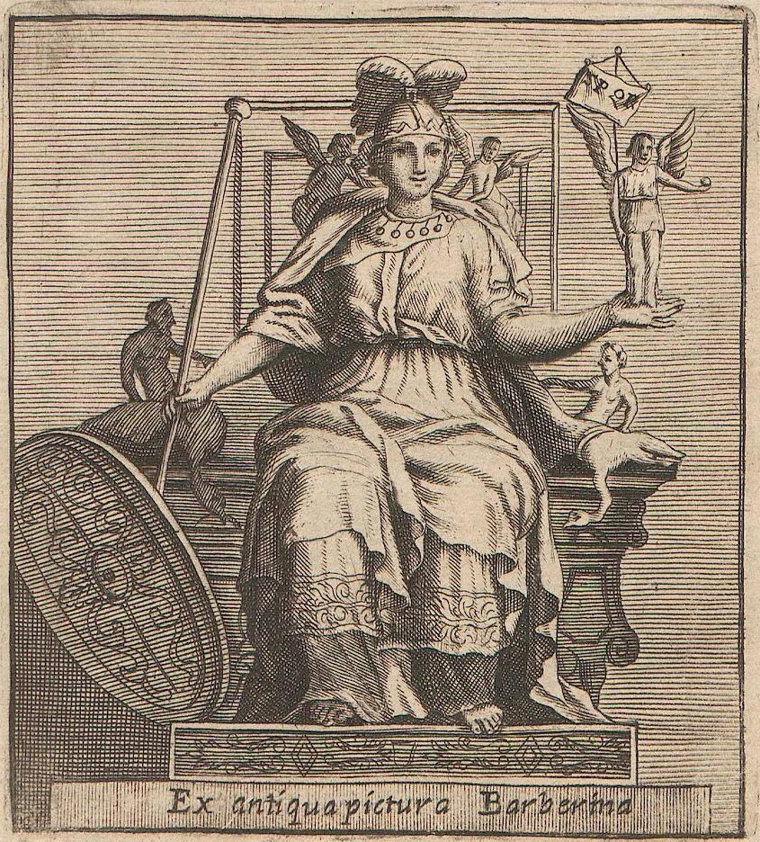 An illustration from Michaelis Angeli Causei De La Chausse Parisini Romanum Museum Sive Thesaurus Eruditae Antiquitatis: In Quo Gemmae, Idola, Insignia Sacerdotalia, Instrumenta sacrificijs, inservientia, Lucernae, Vasa, Bullae, Armillae, Fibulae, Claves, Annulli, Tesserae, Styli, Strigiles, Gutti, Phialae lacrymatoriae, vota, Signa Militaria, Marmora &c., 1707, leaf 7